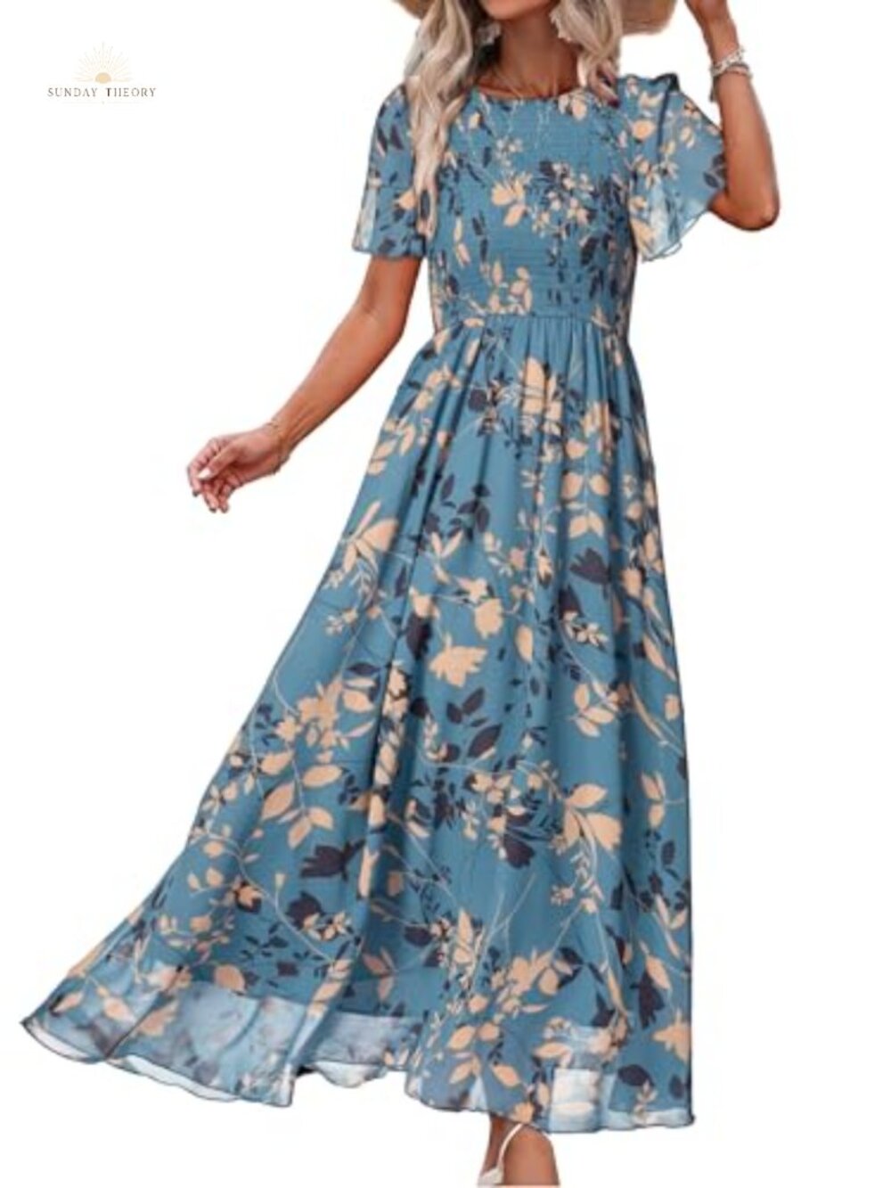 Simplee Chiffon Floral Maxi Dress Smocked Flutter Sleeve Boho Vacation
